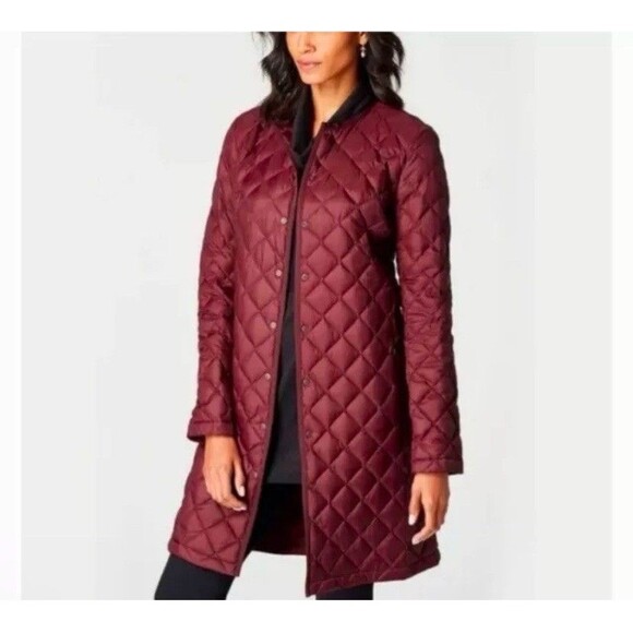J Jill Down Quilted Jacket Womens LP Red Burgundy Puffer Snaps Quilted Long Coat - Picture 1 of 15